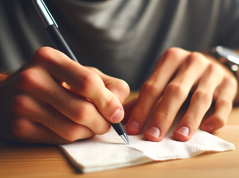 One person's hands with a pen writing something on a paper towel